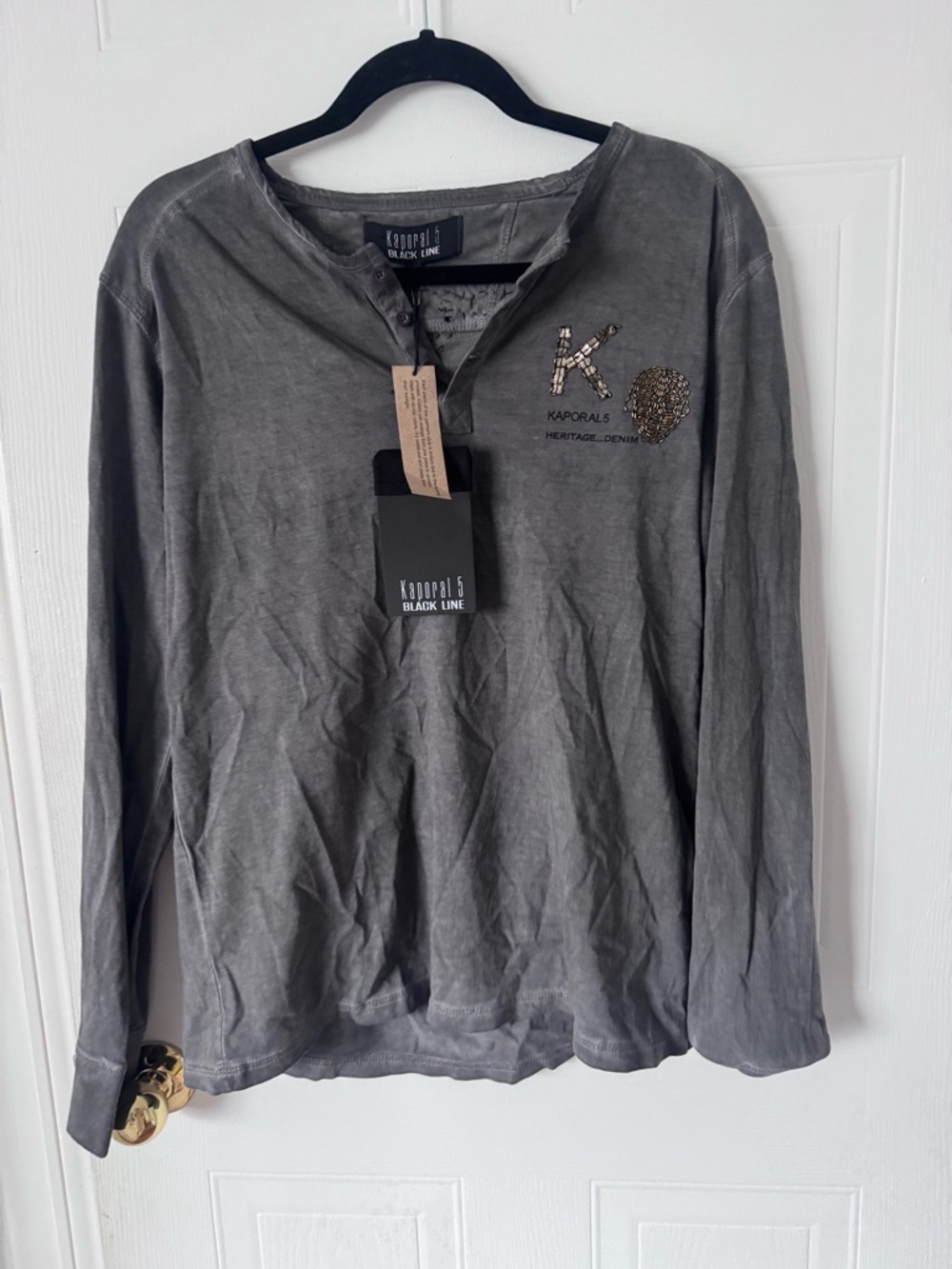 New Men's Long Sleeve Grey Henley with Embellished Chest